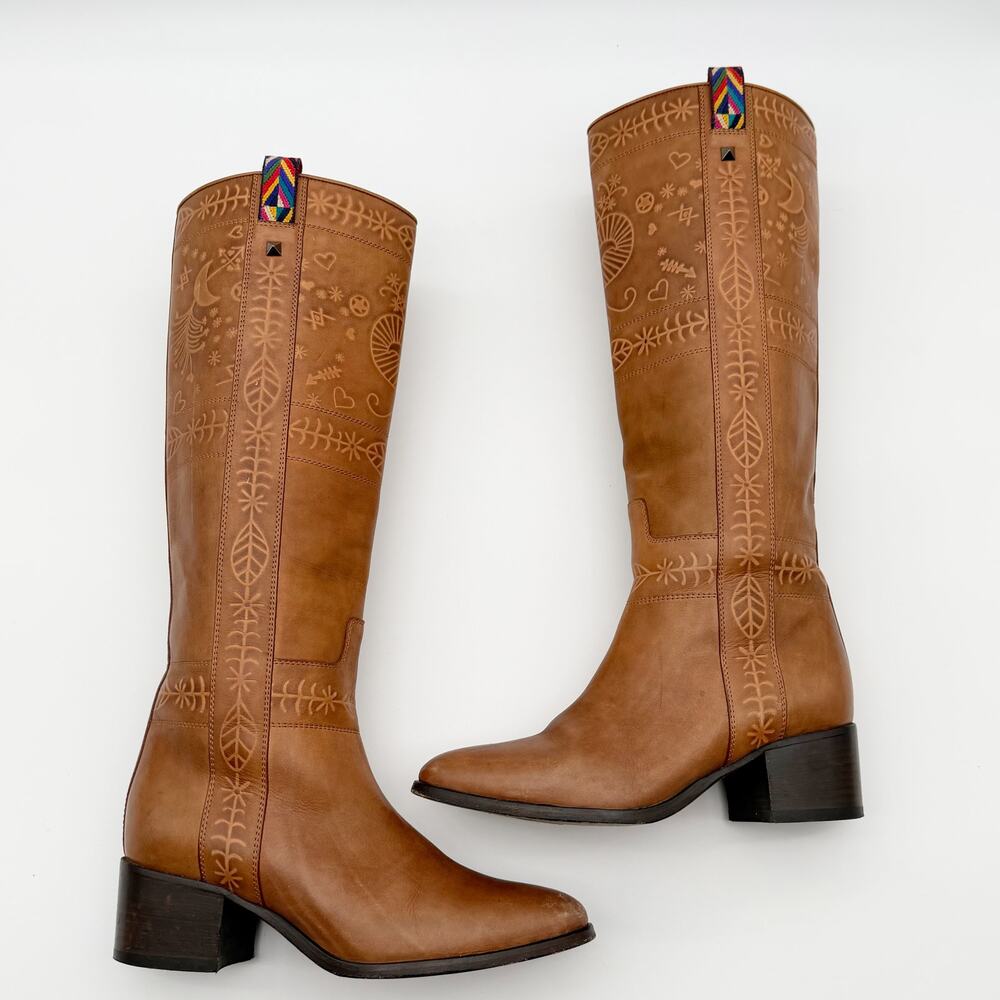 Valentino Santeria Brown Leather Riding Boots Embossed Western Knee High 36